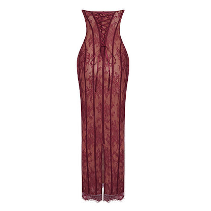 Strapless Lace Corset Maxi Dress Burgundy HV0079