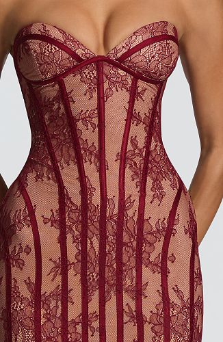 Strapless Lace Corset Maxi Dress Burgundy HV0079