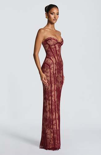 Strapless Lace Corset Maxi Dress Burgundy HV0079