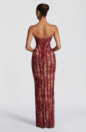 Strapless Lace Corset Maxi Dress Burgundy HV0079