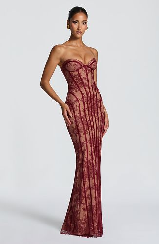Strapless Lace Corset Maxi Dress Burgundy HV0079