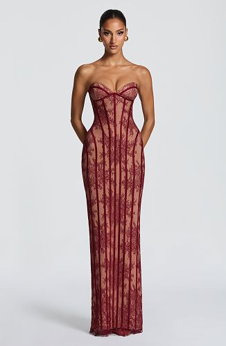 Strapless Lace Corset Maxi Dress Burgundy HV0079