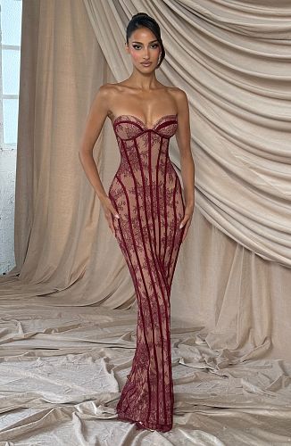Strapless Lace Corset Maxi Dress Burgundy HV0079