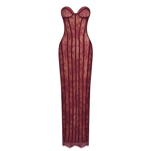 Strapless Lace Corset Maxi Dress Burgundy HV0079
