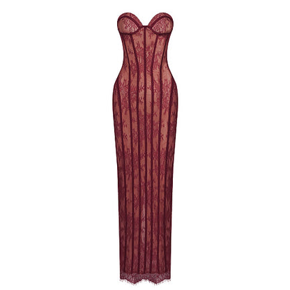 Strapless Lace Corset Maxi Dress Burgundy HV0079