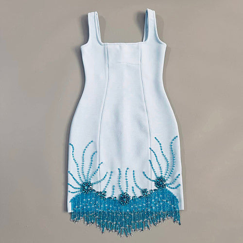 Crystal Floral Tassel Dress Light Blue HV2678