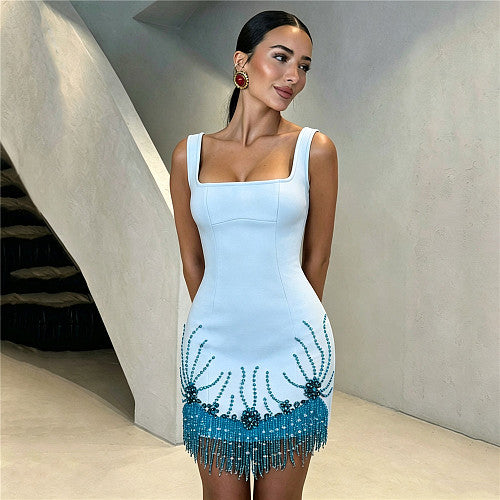 Crystal Floral Tassel Dress Light Blue HV2678