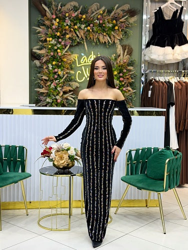 Embellished Long Sleeve Bardot Maxi Dress Black HV3024