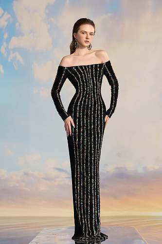 Embellished Long Sleeve Bardot Maxi Dress Black HV3024