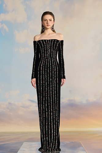Embellished Long Sleeve Bardot Maxi Dress Black HV3024