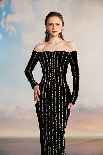 Embellished Long Sleeve Bardot Maxi Dress Black HV3024