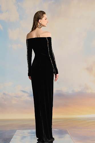 Embellished Long Sleeve Bardot Maxi Dress Black HV3024