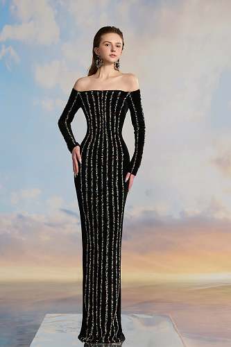 Embellished Long Sleeve Bardot Maxi Dress Black HV3024