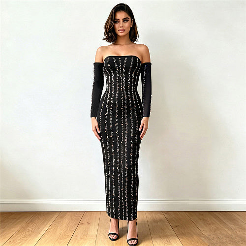 Embellished Long Sleeve Bardot Maxi Dress Black HV3024