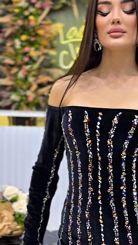 Embellished Long Sleeve Bardot Maxi Dress Black HV3024