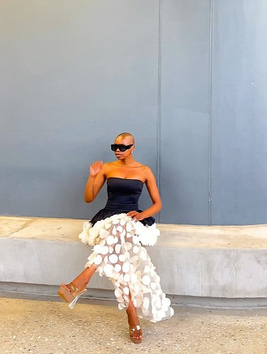 Strapless Floral Peplum Maxi Dress Black Ivory HV3025