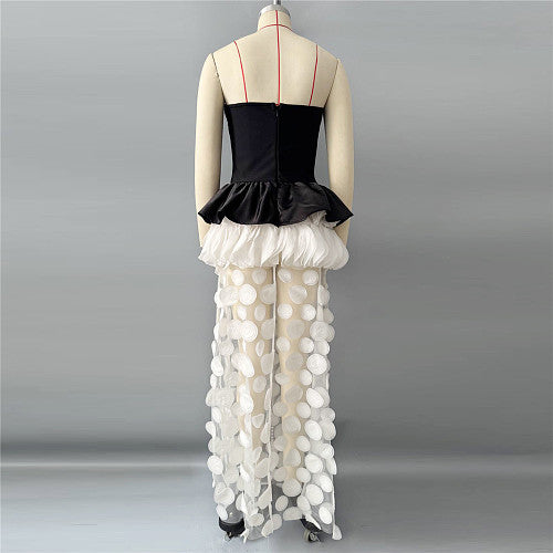 Strapless Floral Peplum Maxi Dress Black Ivory HV3025