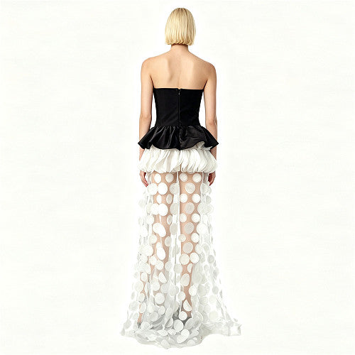 Strapless Floral Peplum Maxi Dress Black Ivory HV3025
