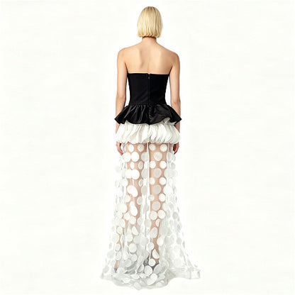 Strapless Floral Peplum Maxi Dress Black Ivory HV3025