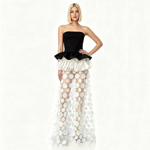 Strapless Floral Peplum Maxi Dress Black Ivory HV3025