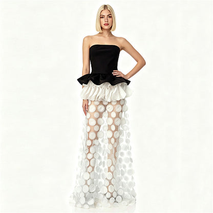Strapless Floral Peplum Maxi Dress Black Ivory HV3025