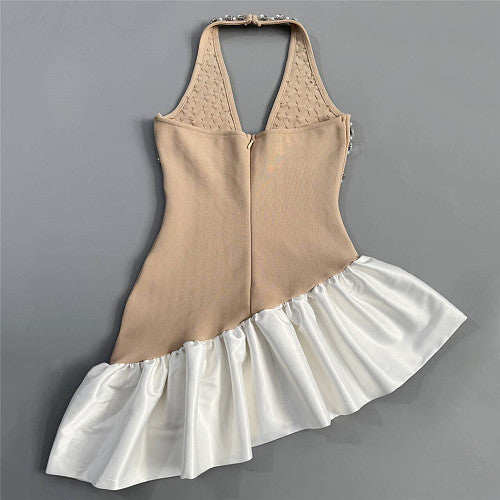 Halter Crystal Ruffle Dress Nude White HV3027