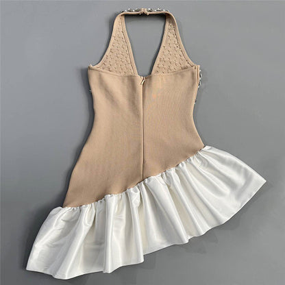 Halter Crystal Ruffle Dress Nude White HV3027