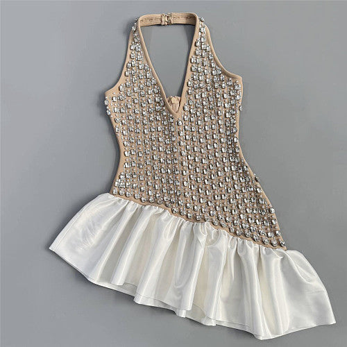 Halter Crystal Ruffle Dress Nude White HV3027
