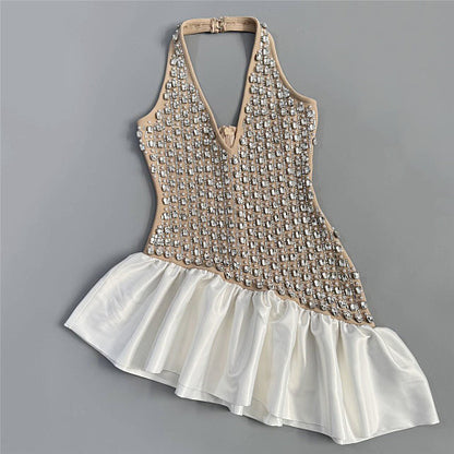 Halter Crystal Ruffle Dress Nude White HV3027