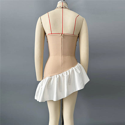 Halter Crystal Ruffle Dress Nude White HV3027