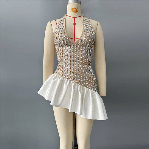 Halter Crystal Ruffle Dress Nude White HV3027