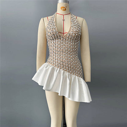 Halter Crystal Ruffle Dress Nude White HV3027