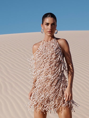 Halter Beaded Tassel Dress Nude HV3028