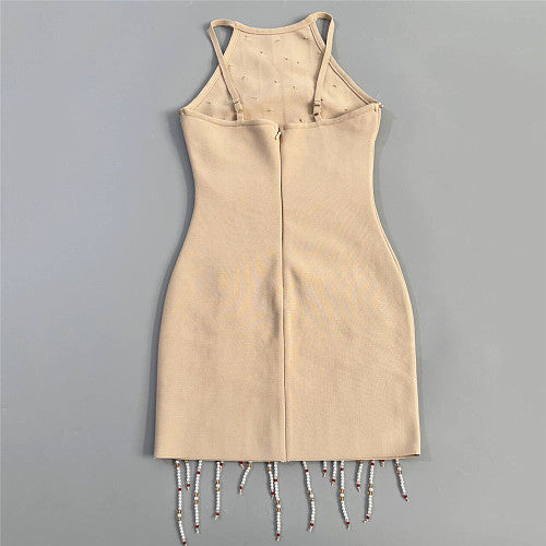 Halter Beaded Tassel Dress Nude HV3028