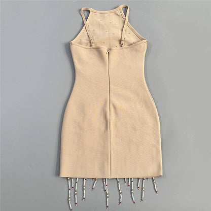 Halter Beaded Tassel Dress Nude HV3028