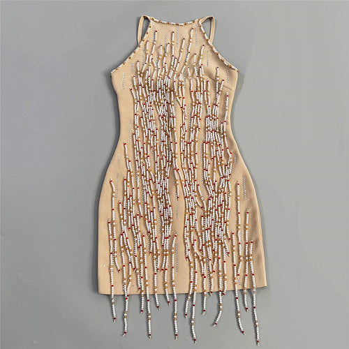 Halter Beaded Tassel Dress Nude HV3028