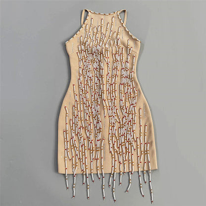 Halter Beaded Tassel Dress Nude HV3028