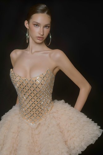 Strapless Embellished Ruffle Dress Nude HV3029
