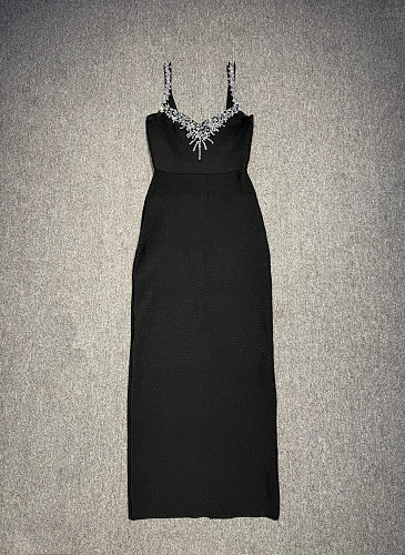 Crystal Embellished Front Maxi Dress Black HV3030