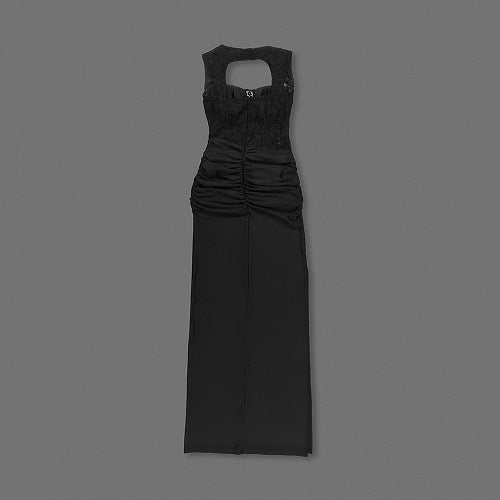 Lace Insert Bustier Draped Maxi Dress Black HV2681