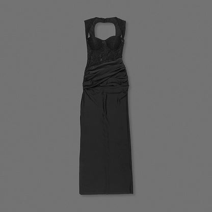 Lace Insert Bustier Draped Maxi Dress Black HV2681