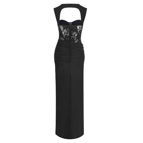 Lace Insert Bustier Draped Maxi Dress Black HV2681