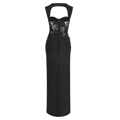 Lace Insert Bustier Draped Maxi Dress Black HV2681