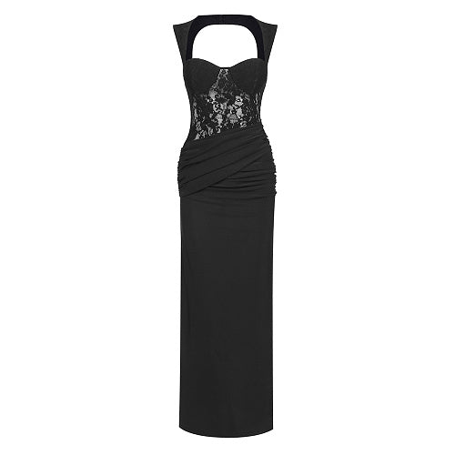 Lace Insert Bustier Draped Maxi Dress Black HV2681