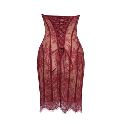 Strapless Lace Corset Dress Burgundy HV2684