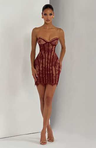 Strapless Lace Corset Dress Burgundy HV2684