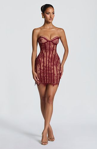 Strapless Lace Corset Dress Burgundy HV2684