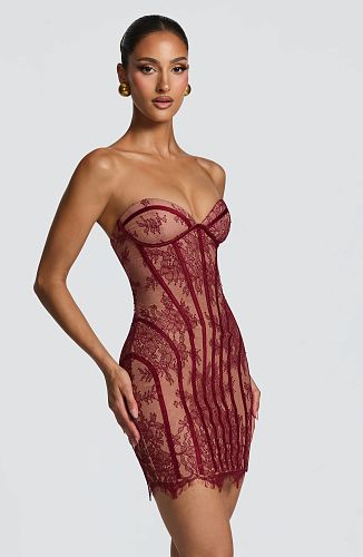 Strapless Lace Corset Dress Burgundy HV2684