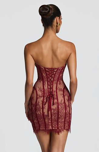 Strapless Lace Corset Dress Burgundy HV2684
