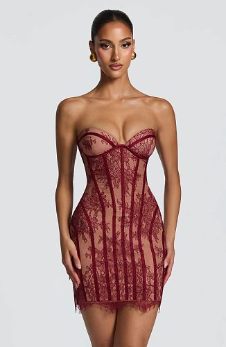 Strapless Lace Corset Dress Burgundy HV2684